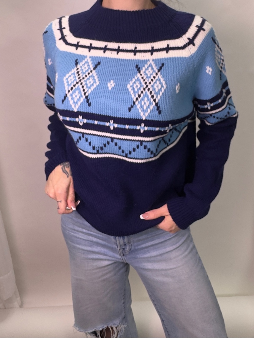 90s vintage Nordic argyle knit ice blue sweater | Size large | Vtg cozy winter